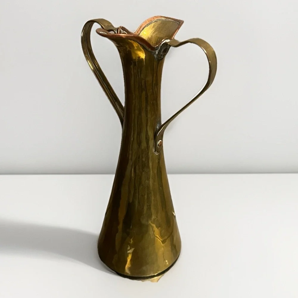 Vintage Russian Brass‎ Pitcher Vase Hammered Mid Century Modern Handmade